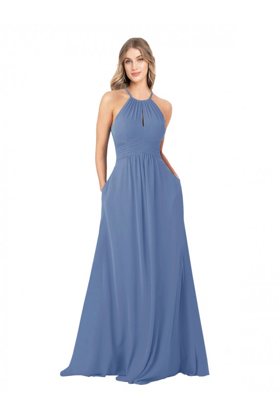 Soft Chiffon High Neck Keyhole Back A-Line Windsor Blue Bridesmaid Dress Manchester