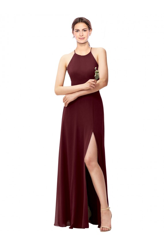 Soft Chiffon High Neck Open Back A-Line Burgundy Gold Bridesmaid Dress Manchester