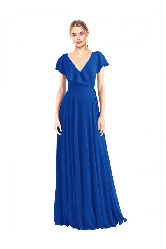 Soft Chiffon V-Neck V-Back A-Line Royal Blue Bridesmaid Dress Manchester