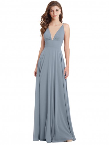 Chiffon V-Neck V-Back A-Line Dusty Blue Bridesmaid Dress / Evening Gowns Manchester