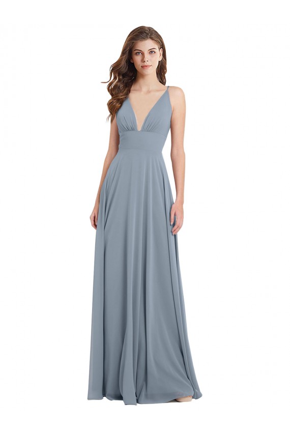 Chiffon V-Neck V-Back A-Line Dusty Blue Bridesmaid Dress / Evening Gowns Manchester