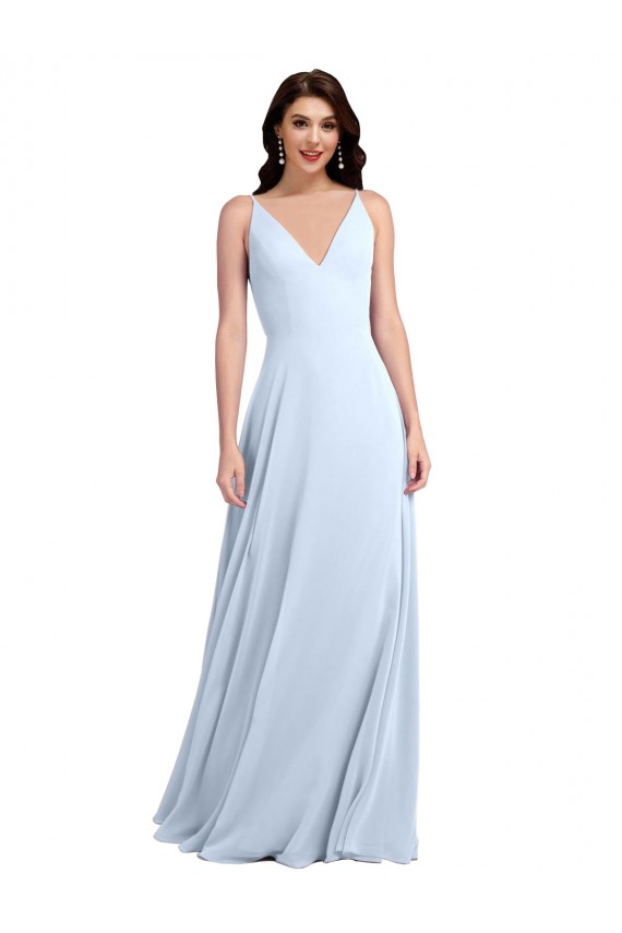 Soft Chiffon V-Neck V-Back A-Line Light Sky Blue Evening Dress / Bridesmaid Dress Manchester
