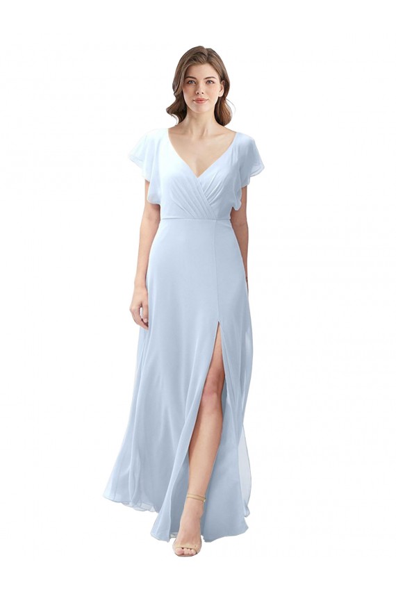 Soft Chiffon V-Neck Open Back A-Line Light Sky Blue Bridesmaid Dress / Formal Dress Manchester
