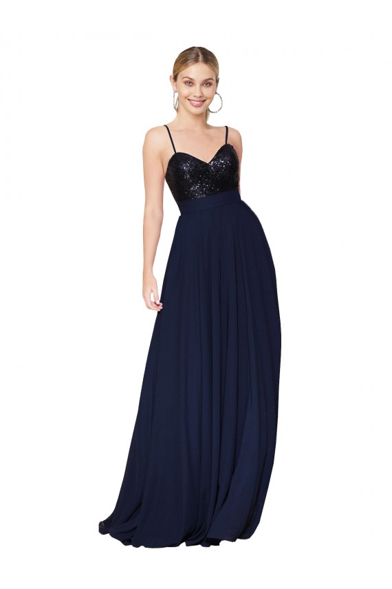 Soft Chiffon & Sequin High Neck A-Line Dark Navy Semi Formal Evening Dress / Prom Dress / Bridesmaid Dress Manchester