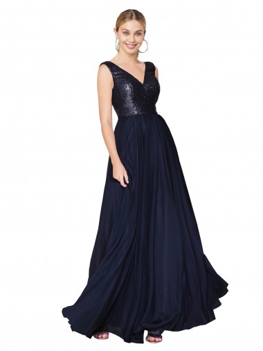 Soft Chiffon & Sequin High Neck V-Back A-Line Dark Navy Semi Formal Evening Gown / Prom Dress / Bridesmaid Dress Manchester