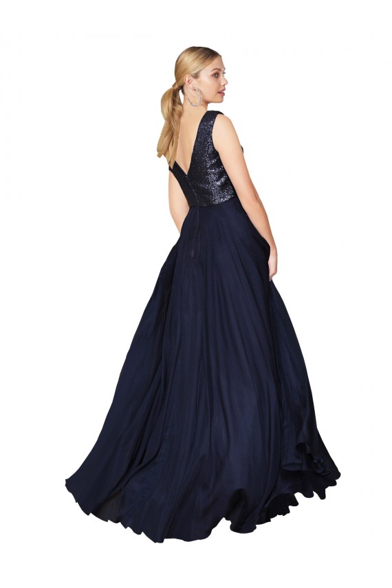 Soft Chiffon & Sequin High Neck V-Back A-Line Dark Navy Semi Formal Evening Gown / Prom Dress / Bridesmaid Dress Manchester