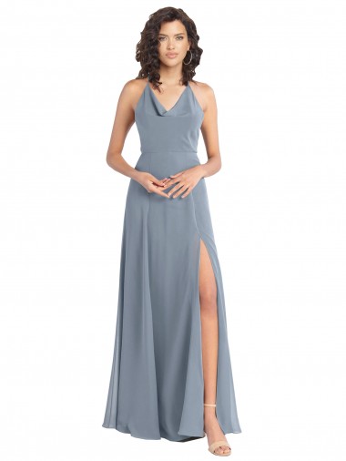 Soft Chiffon Cowl Neck V-Back A-Line Dusty Blue Bridesmaid Dress Manchester