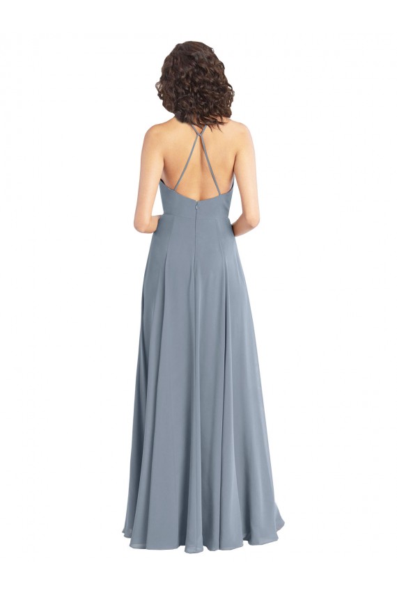 Soft Chiffon Cowl Neck V-Back A-Line Dusty Blue Bridesmaid Dress Manchester