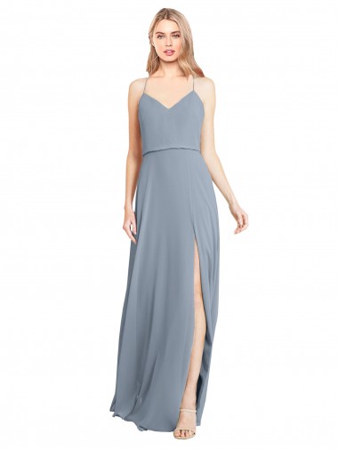 Soft Chiffon V-Neck Open Back A-Line Dusty Blue Bridesmaid Gowns Manchester