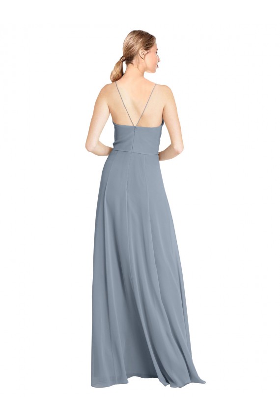 Soft Chiffon V-Neck Open Back A-Line Dusty Blue Bridesmaid Gowns Manchester