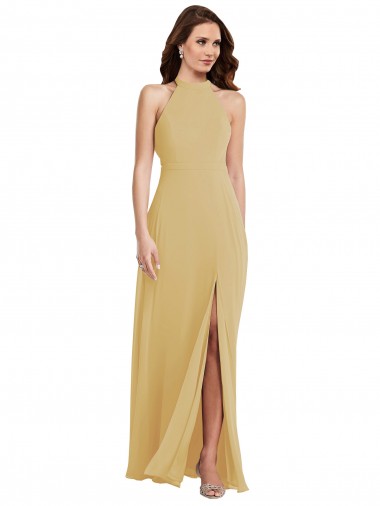 Soft Chiffon Halter Neck Open Back A-Line Gold Semi Formal Evening Dress / Bridesmaid Dress Manchester