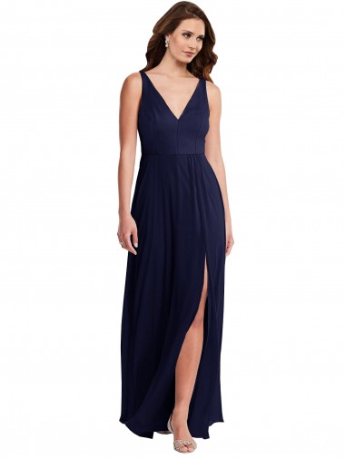 Soft Chiffon V-Neck V-Back A-Line Dark Navy Black Tie Evening Gown / Bridesmaid Dress Manchester