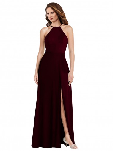 Soft Chiffon Halter Neck Low Back A-Line Burgundy Gold Semi Formal Evening Dress / Bridesmaid Dress Manchester