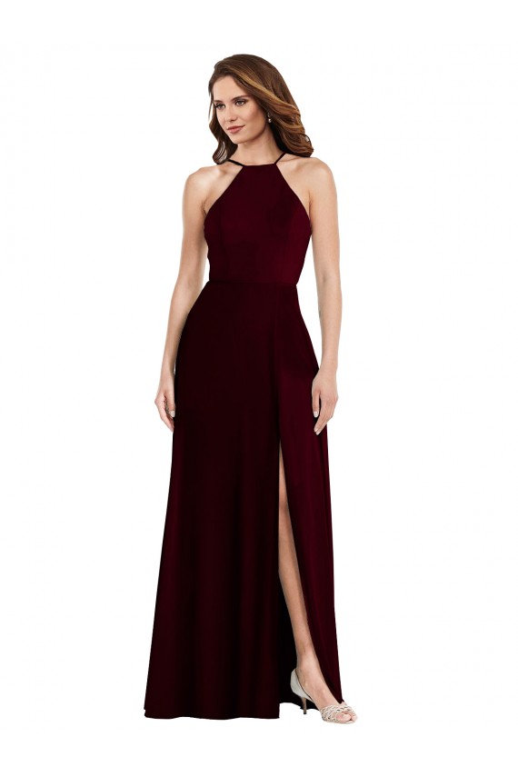 Soft Chiffon Halter Neck Low Back A-Line Burgundy Gold Semi Formal Evening Dress / Bridesmaid Dress Manchester