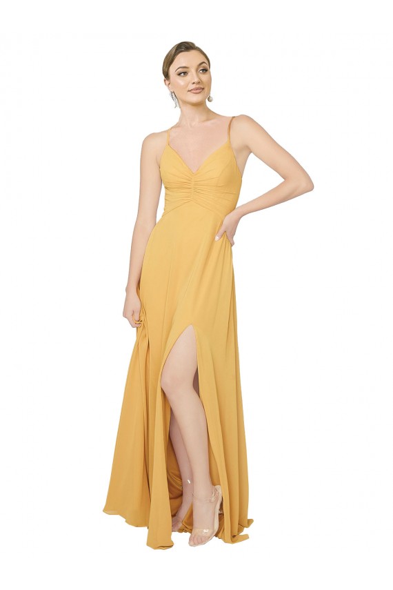 Chiffon V-Neck Open Back A-Line Saffron Bridesmaid Dress / Evening Dress Manchester