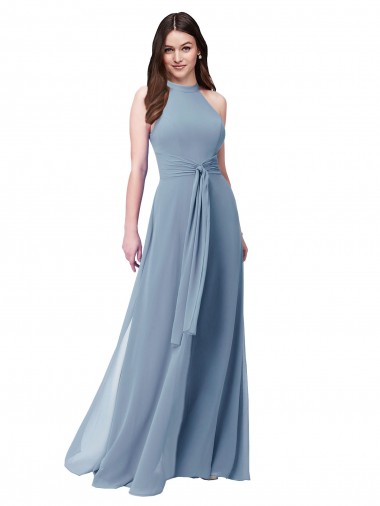 Chiffon High Neck A-Line Dusty Blue Bridesmaid Formal Dress Manchester