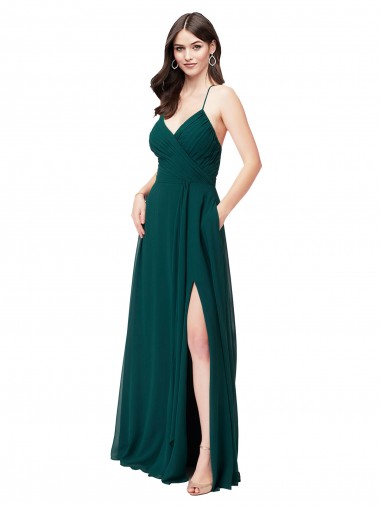 Chiffon V-Neck Open Back A-Line Hunter Green Wedding Party Dress Manchester