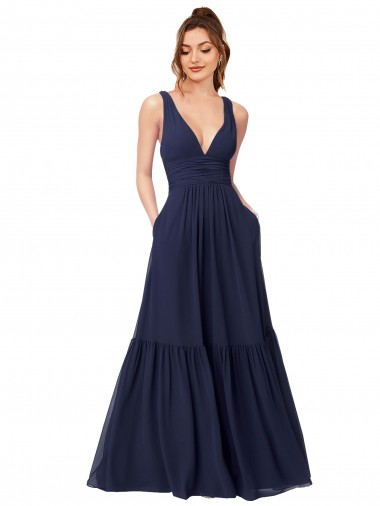 Chiffon V-Neck V-Back A-Line Dark Navy Evening Gowns / Bridesmaid Dress Manchester