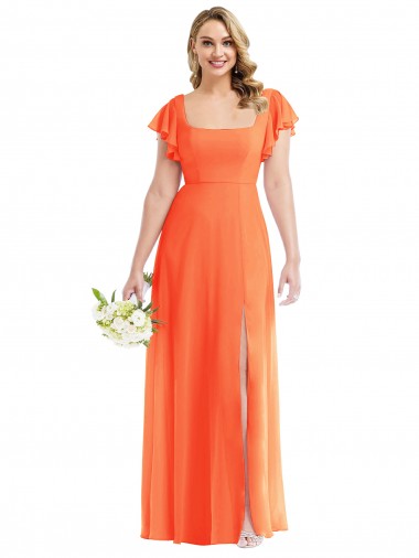 Soft Chiffon Square Neck Open Back A-Line Tangerine Tango Semi Formal Evening Dress / Bridesmaid Dress Manchester