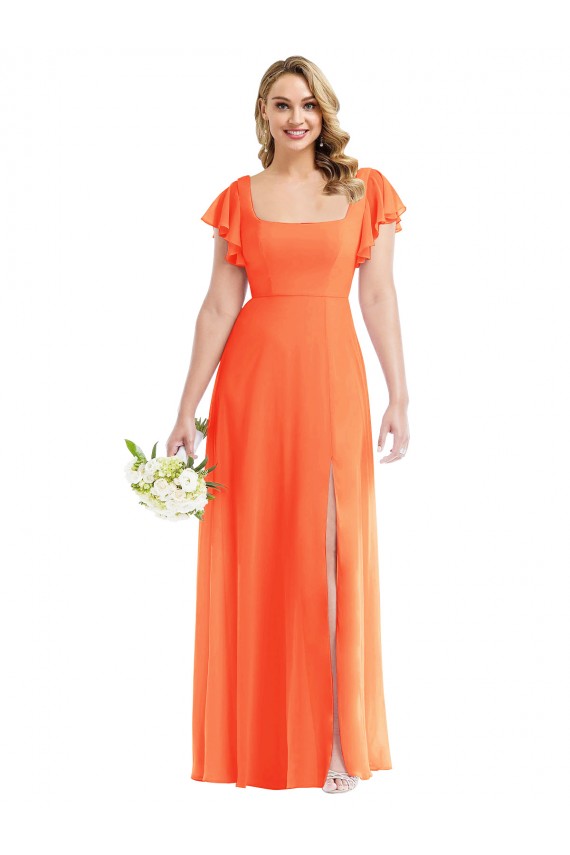 Soft Chiffon Square Neck Open Back A-Line Tangerine Tango Semi Formal Evening Dress / Bridesmaid Dress Manchester