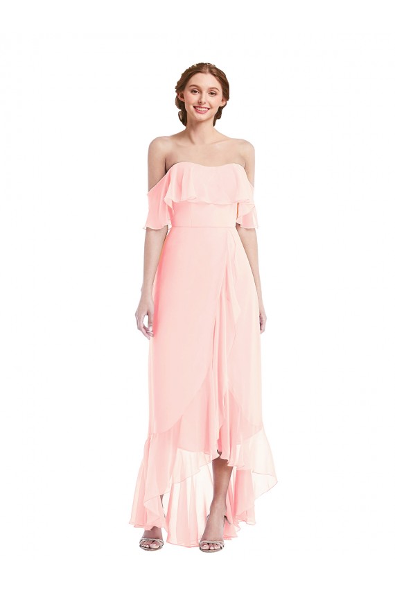 Soft Chiffon Off the Shoulder A-Line Pink High Low Bridesmaid Dress Manchester
