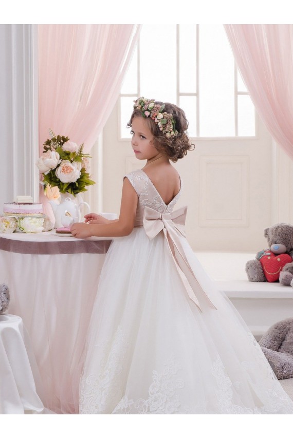 Tulle & Lace Bateau Neck V-Back Ball Gown Ivory Flower Girl Dresses Manchester