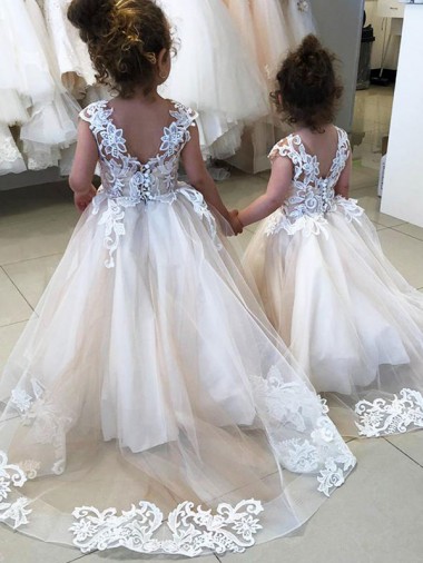 Tulle & Lace Bateau Neck V-Back Ball Gown Ivory Little Flower Girl Dress Manchester