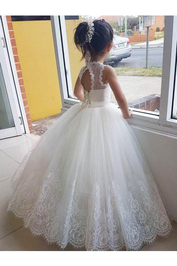 Tulle & Lace High Neck Keyhole Back Ball Gown Ivory Flower Girl Dress for Wedding Manchester