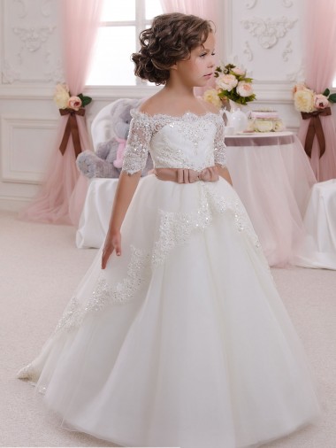 Tulle & Lace High Neck Keyhole Back Ball Gown Ivory Flower Girl Dresses Manchester