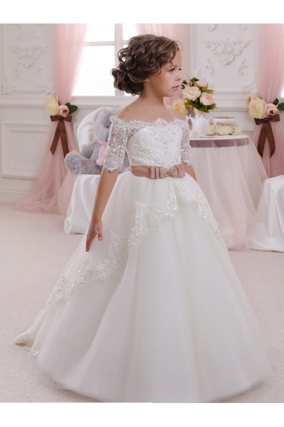 Tulle & Lace High Neck Keyhole Back Ball Gown Ivory Flower Girl Dresses Manchester