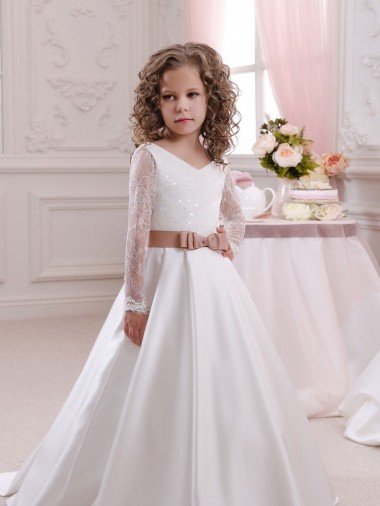 Satin & Lace V-Neck Ball Gown Ivory Flower Girl Dress Manchester