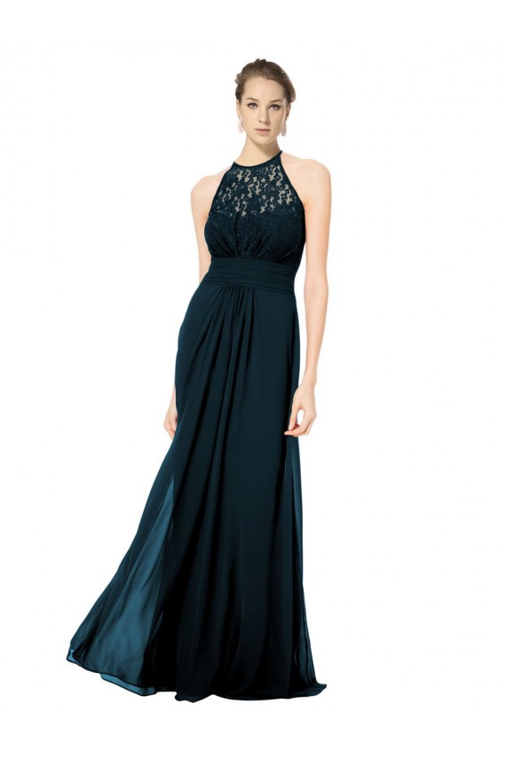 Soft Chiffon & Lace Illusion Neck Keyhole Back A-Line Dark Navy Formal Dress / Bridesmaid Dress Manchester