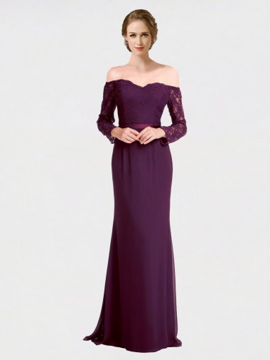 Soft Chiffon & Lace Off the Shoulder Low Back Mermaid Grape Bridesmaid Dress Manchester