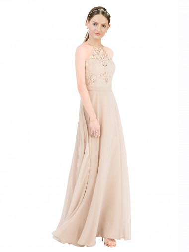 Soft Chiffon & Lace High Neck Keyhole Back A-Line Champagne Prom Dress / Bridesmaid Dress Manchester