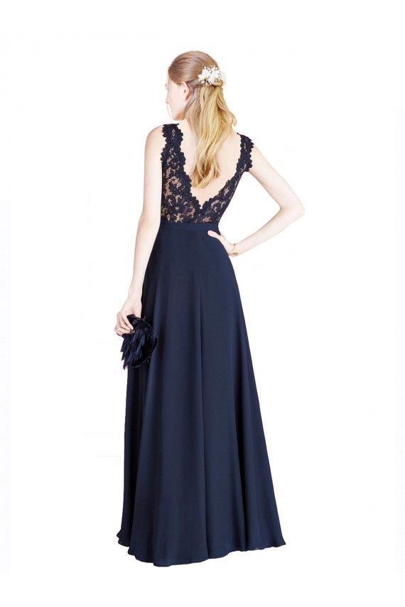 Soft Chiffon & Lace Illusion Neck V-Back A-Line Dark Navy Prom Dress / Bridesmaid Dress Manchester
