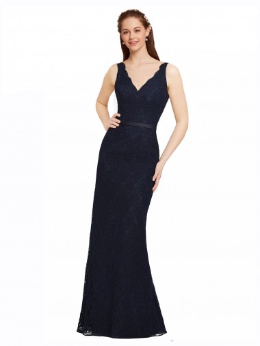 Lace V-Neck Open Back Sheath Dark Navy Bridesmaid Dress Manchester