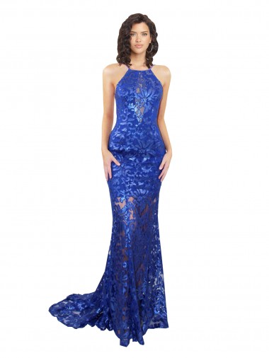 Lace High Neck Open Back Mermaid Royal Blue Semi Formal Evening Dress / Prom Dress / Bridesmaid Dress Manchester