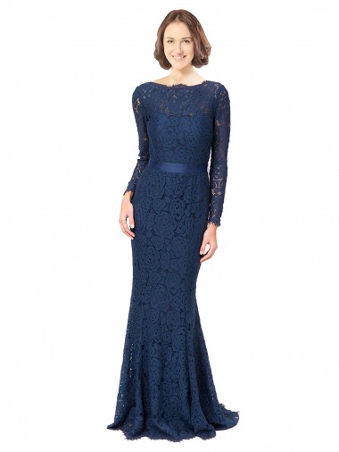 Lace Jewel Neck V-Back Mermaid, Sheath Dark Navy Bridesmaid Dress Manchester