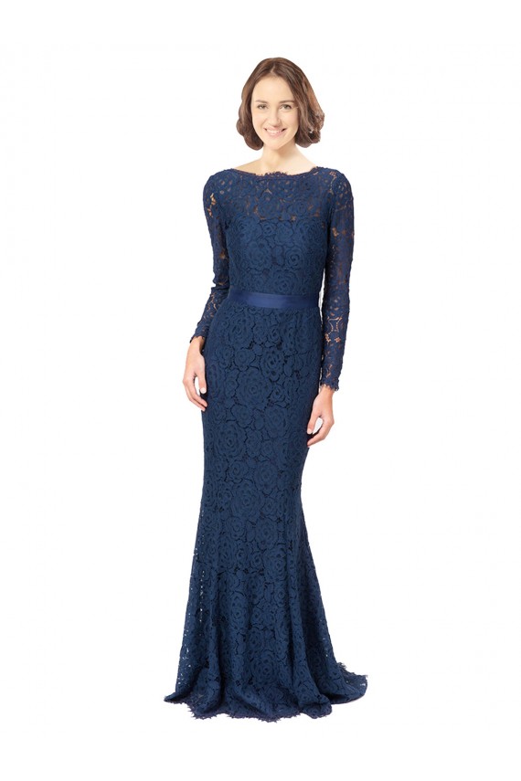 Lace Jewel Neck V-Back Mermaid, Sheath Dark Navy Bridesmaid Dress Manchester