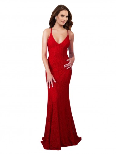 Lace V-Neck Open Back Mermaid Red Formal Dress / Bridesmaid Dress Manchester