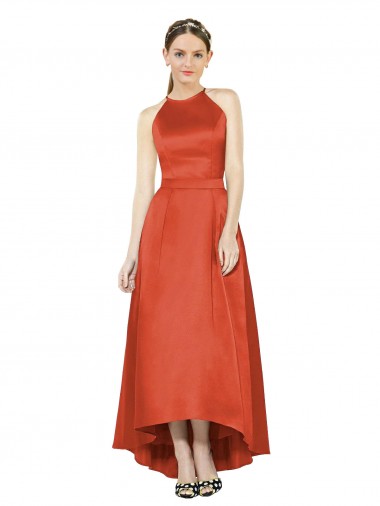 Satin Halter Neck A-Line Spice Red High Low Bridesmaid Dress Manchester
