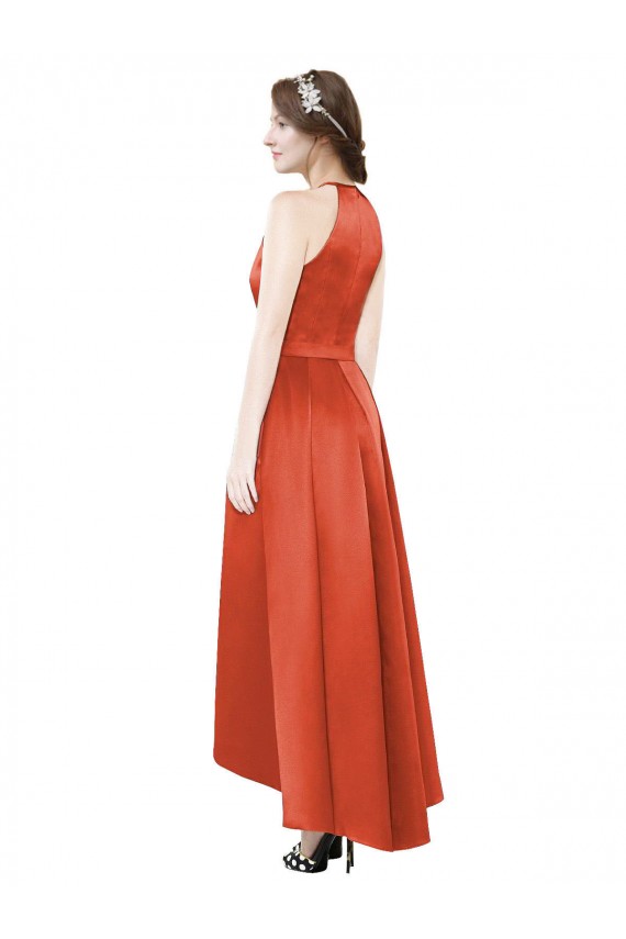 Satin Halter Neck A-Line Spice Red High Low Bridesmaid Dress Manchester