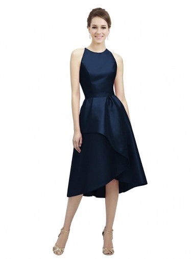 Satin Jewel Neck A-Line Dark Navy High Low Bridesmaid Dress Manchester