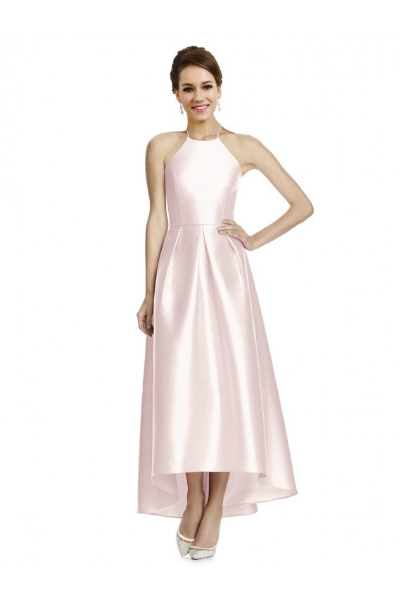 Satin Halter Neck Open Back A-Line Pink High Low Bridesmaid Dress Manchester