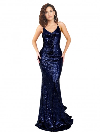 Sequin V-Neck Open Back Mermaid Dark Navy Formal Evening Gown / Prom Dress / Bridesmaid Dress Manchester