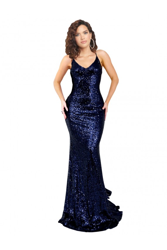 Sequin V-Neck Open Back Mermaid Dark Navy Formal Evening Gown / Prom Dress / Bridesmaid Dress Manchester