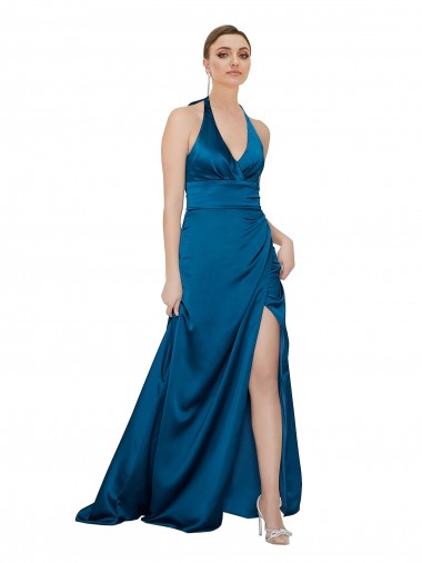 Silk like Satin Halter Neck Open Back A-Line Peacock Blue Formal Evening Gown / Prom Dress / Bridesmaid Dress Manchester