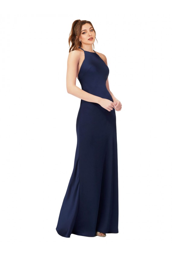 Silk like Satin High Neck Open Back Sheath Sapphire Formal Evening Gown / Prom Dress / Bridesmaid Dress Manchester