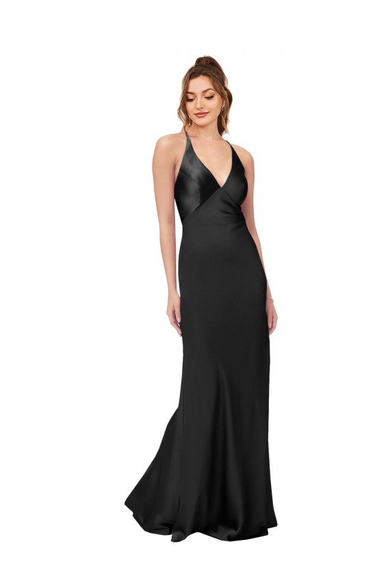 Silk like Satin V-Neck Open Back Sheath Black Black Tie Evening Gown / Prom Dress / Bridesmaid Dress Manchester