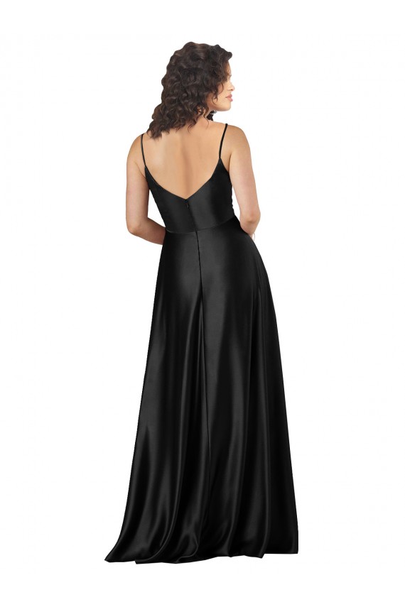 Silk like Satin V-Neck Low Back A-Line Black Formal Dress / Bridesmaid Dress Manchester